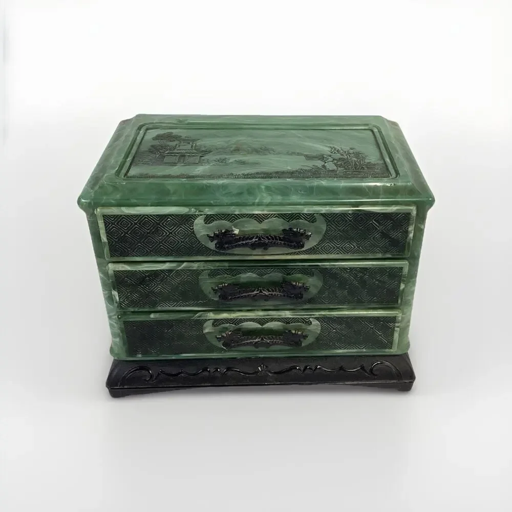 Vintage Green Marbled Celluoid Chinese Style Jewelry Box 3-Drawer
